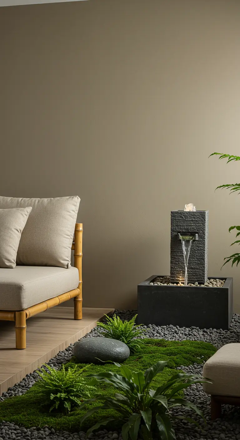 Coin zen avec canapé en bambou, fontaine d'intérieur en pierre et lit de mousse et galets.
