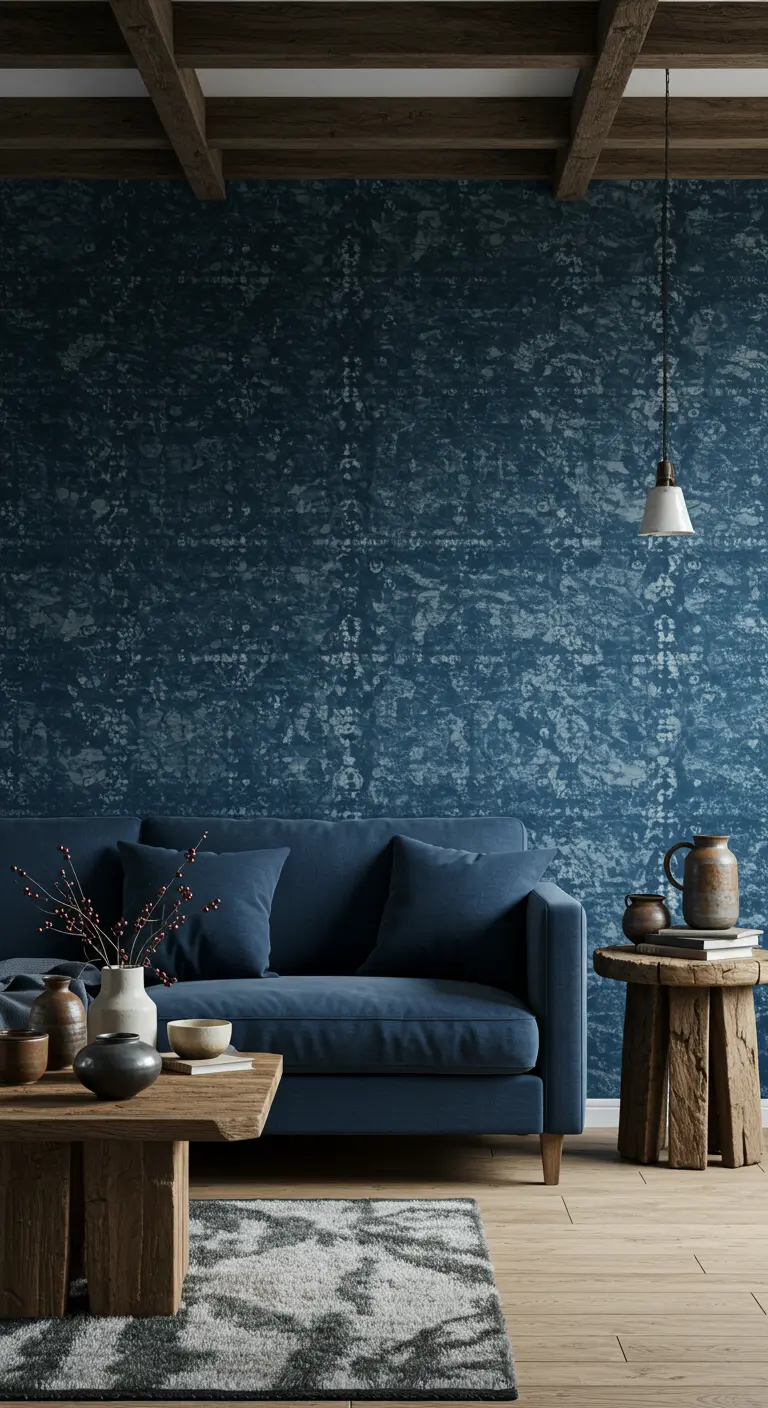 Mur d'accent recouvert d'un papier peint texturé bleu nuit derrière un canapé bleu assorti.