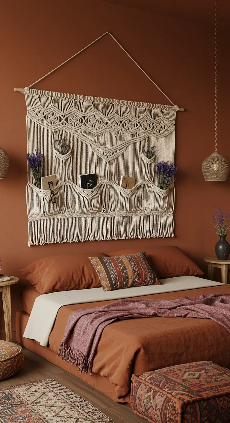 Grande tenture murale en macramé avec des pochettes intégrées, suspendue au-dessus d'un lit.