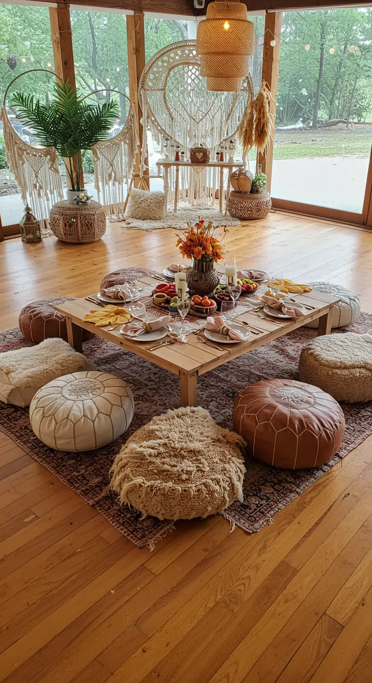 Serviette pliée en nœud lâche sur table basse avec coussins et poufs au sol