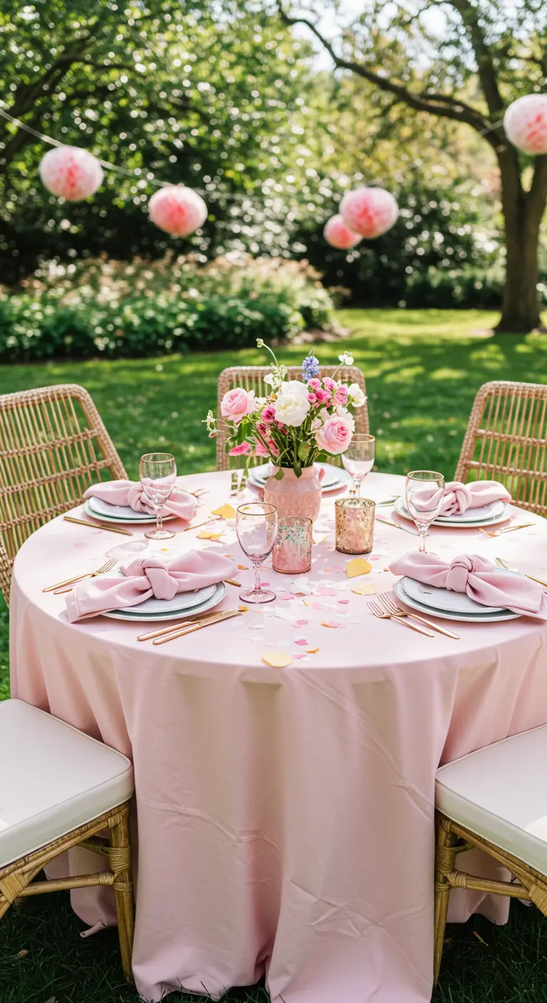Table de jardin rose poudré avec des serviettes nouées et des fleurs.