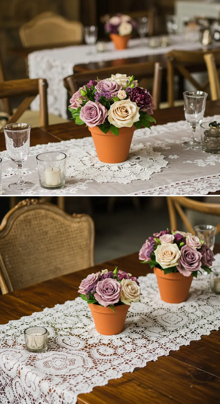 Deux pots de roses mauves et crème posés sur des napperons en dentelle.