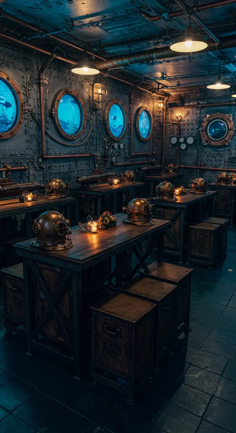 Restaurant ou bar à thème sous-marin Steampunk avec hublots, casques de plongée et ambiance tamisée bleutée.