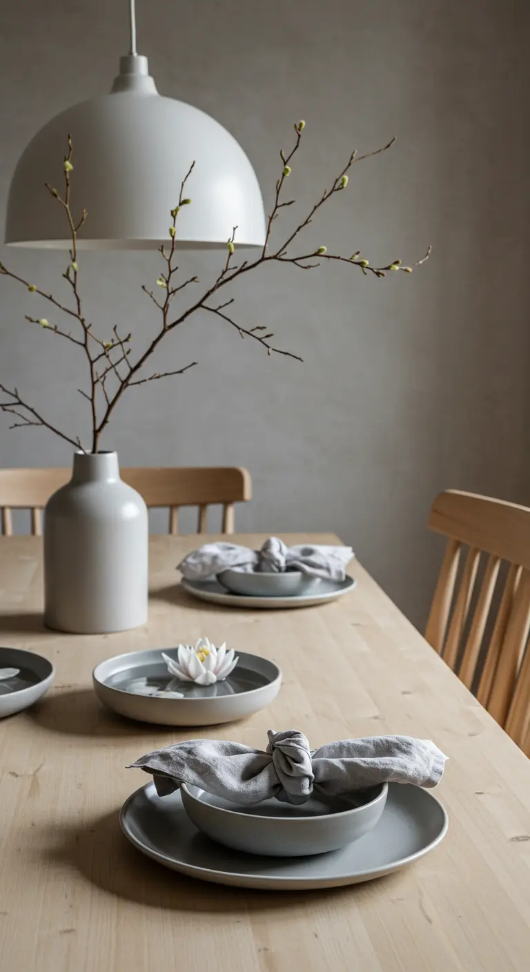 Table en bois de style Japandi avec un pliage de serviette en forme de nénuphar.