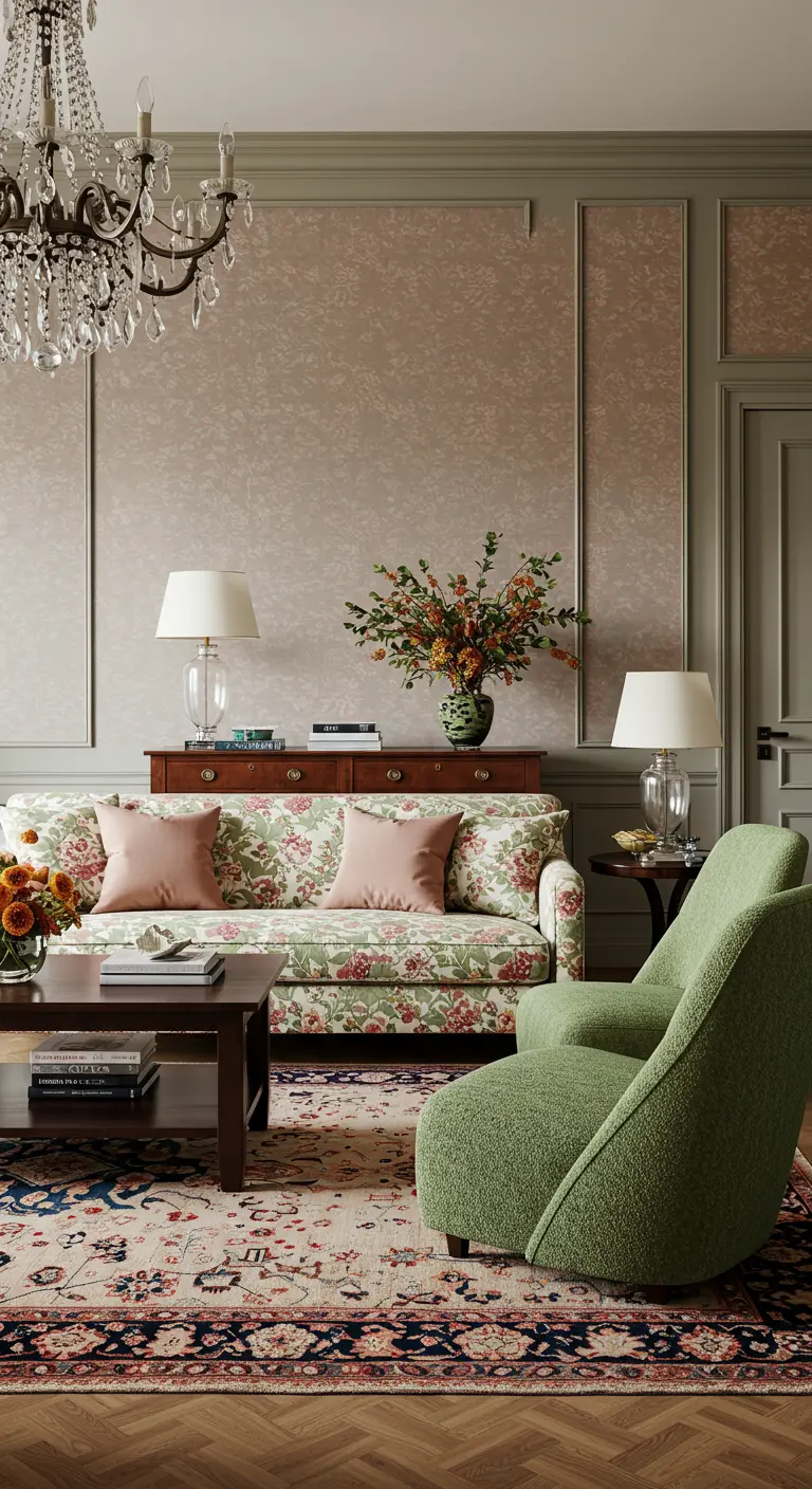Salon éclectique avec canapé à motifs floraux, fauteuil en bouclette verte et tapis oriental.
