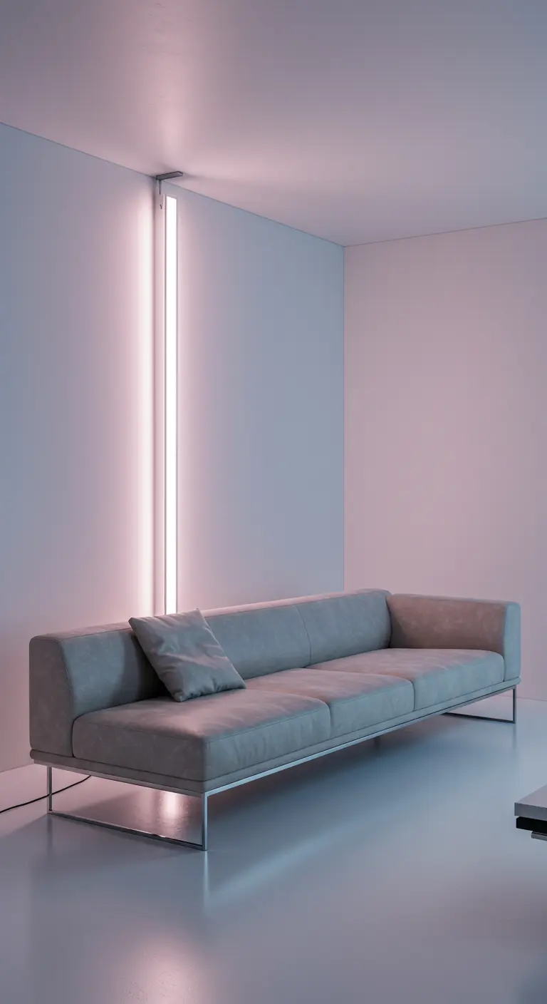 Tube lumineux vertical à la lueur rose-violet à côté d'un canapé gris dans une pièce minimaliste.
