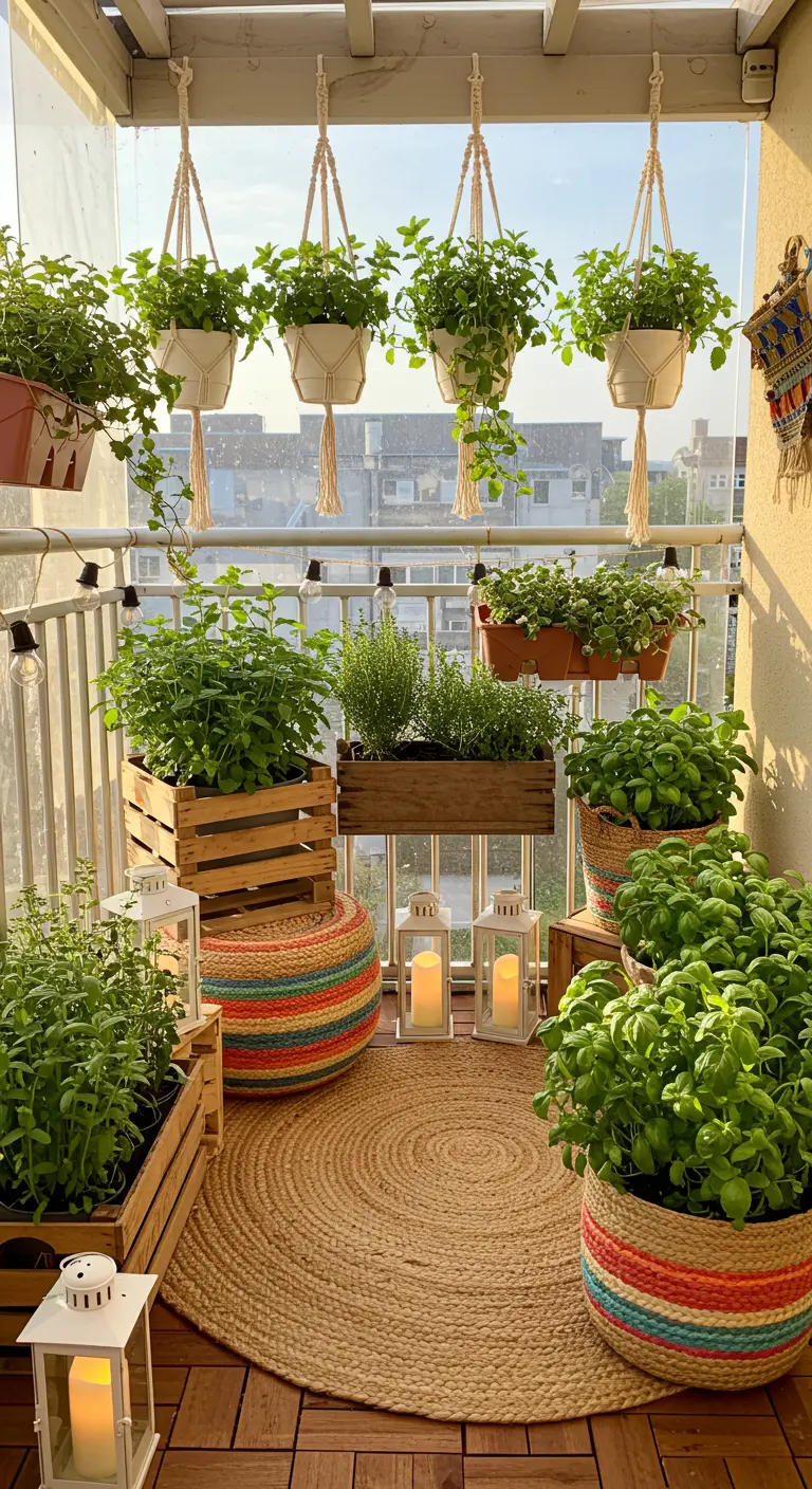 Balcon cosy avec pots suspendus en macramé, paniers d'herbes, tapis en jute et lanternes.