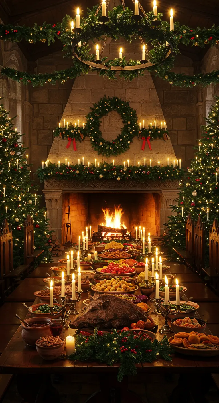 Table de banquet de Noël médiéval devant une cheminée décorée de guirlandes.
