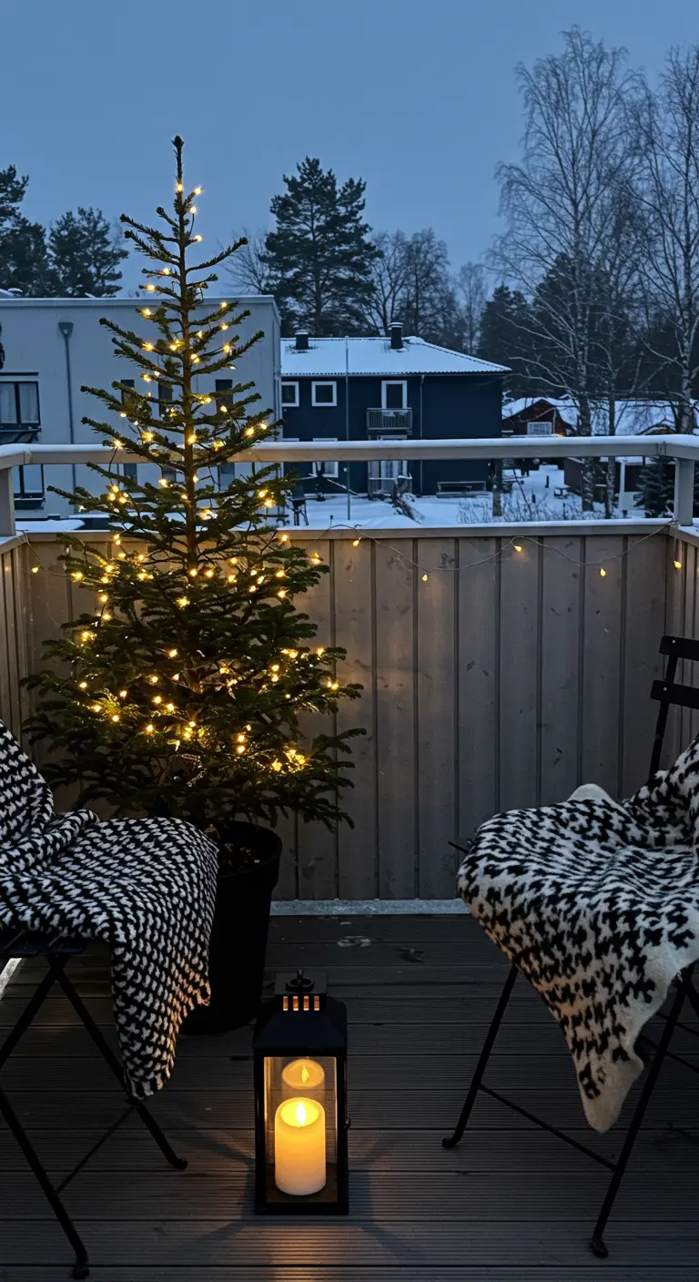 Sapin de Noël illuminé sur un balcon avec deux chaises et des plaids graphiques.