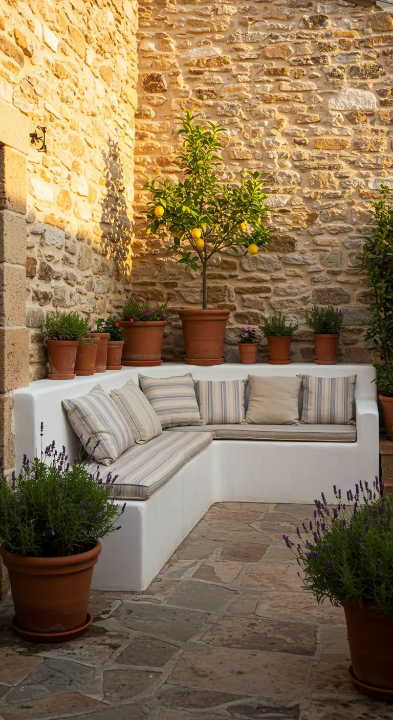 Coin salon en pierre avec banquette, citronnier et lavande en pots.