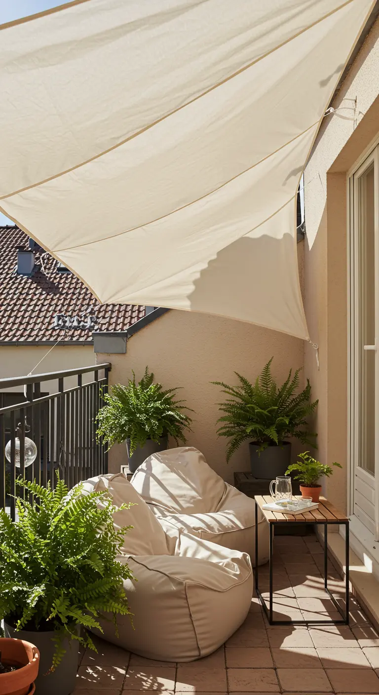 Voile d'ombrage triangulaire tendue au-dessus d'un balcon avec des poufs.