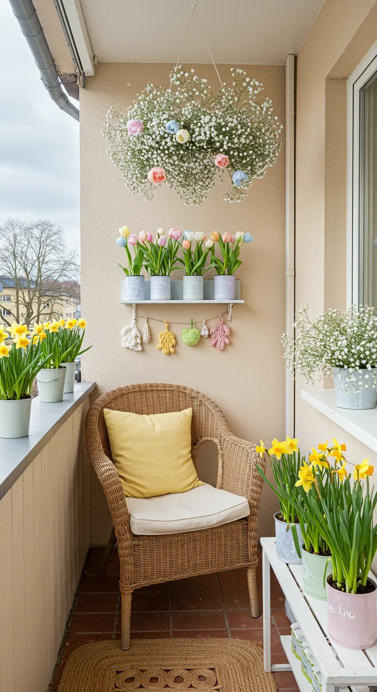 Balcon printanier avec un fauteuil en osier et un nuage de gypsophile suspendu.