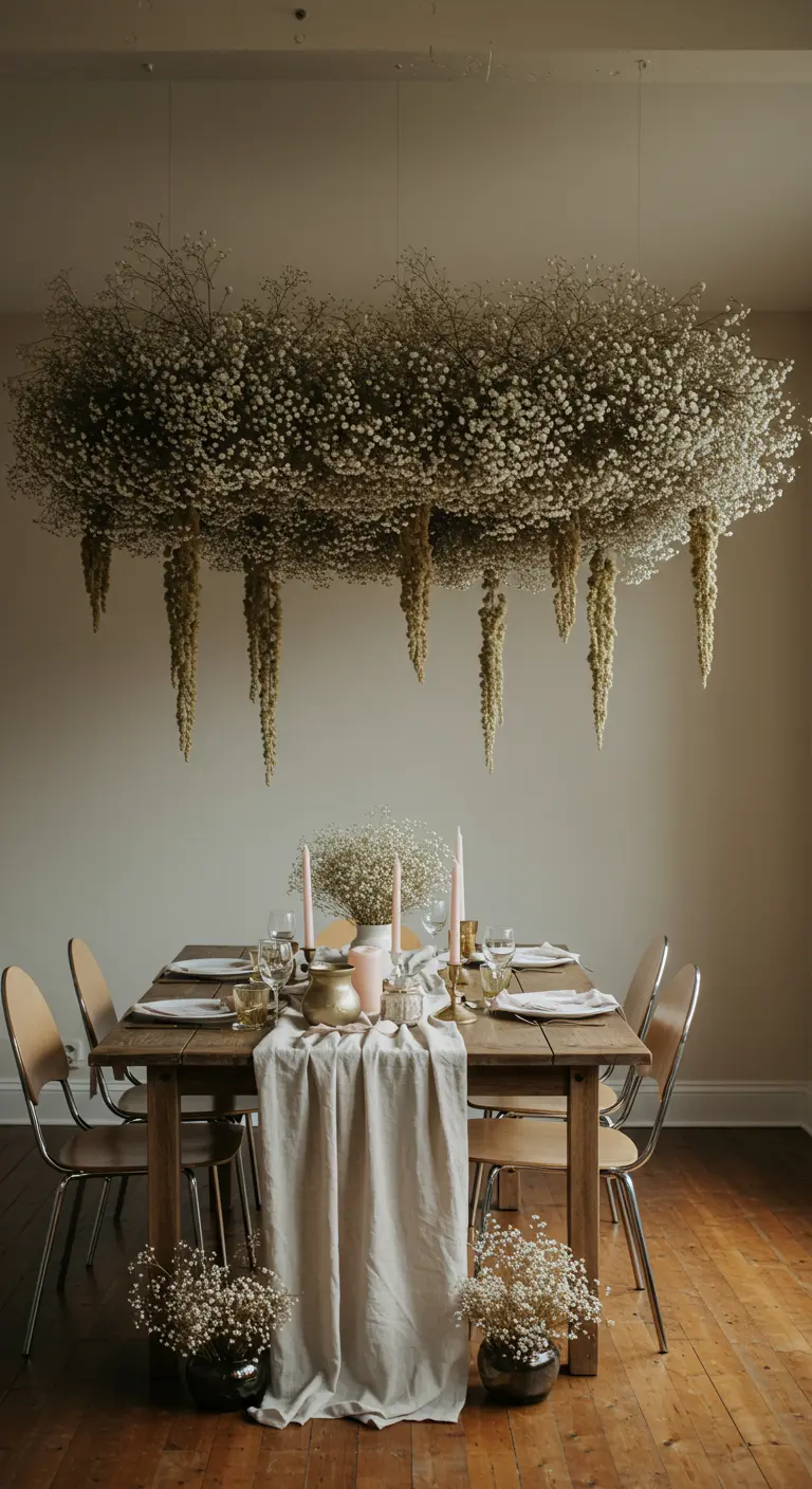 Une impressionnante suspension en forme de nuage de gypsophile flotte au-dessus d'une table dressée.
