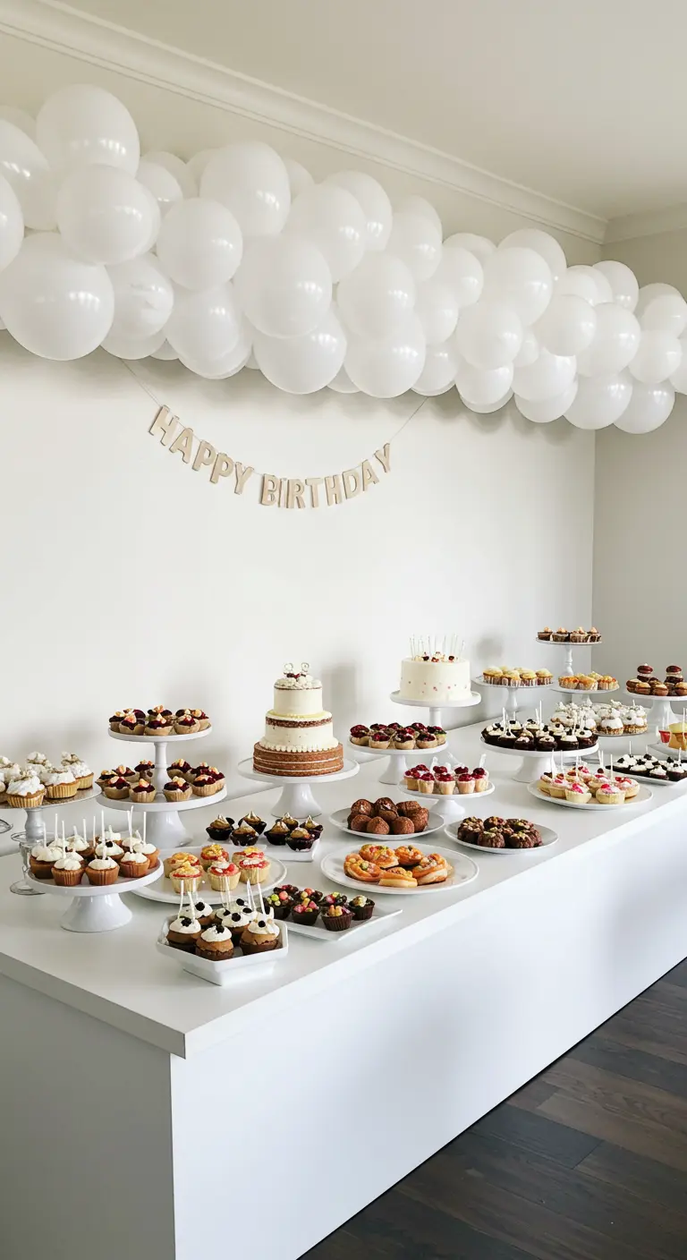 Guirlande horizontale de ballons blancs suspendue au-dessus d'une table de buffet.
