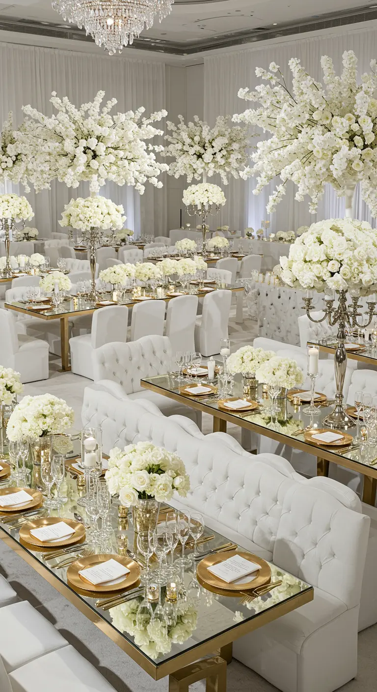 Salle de réception immaculée avec banquettes capitonnées blanches et décorations florales blanches et or.