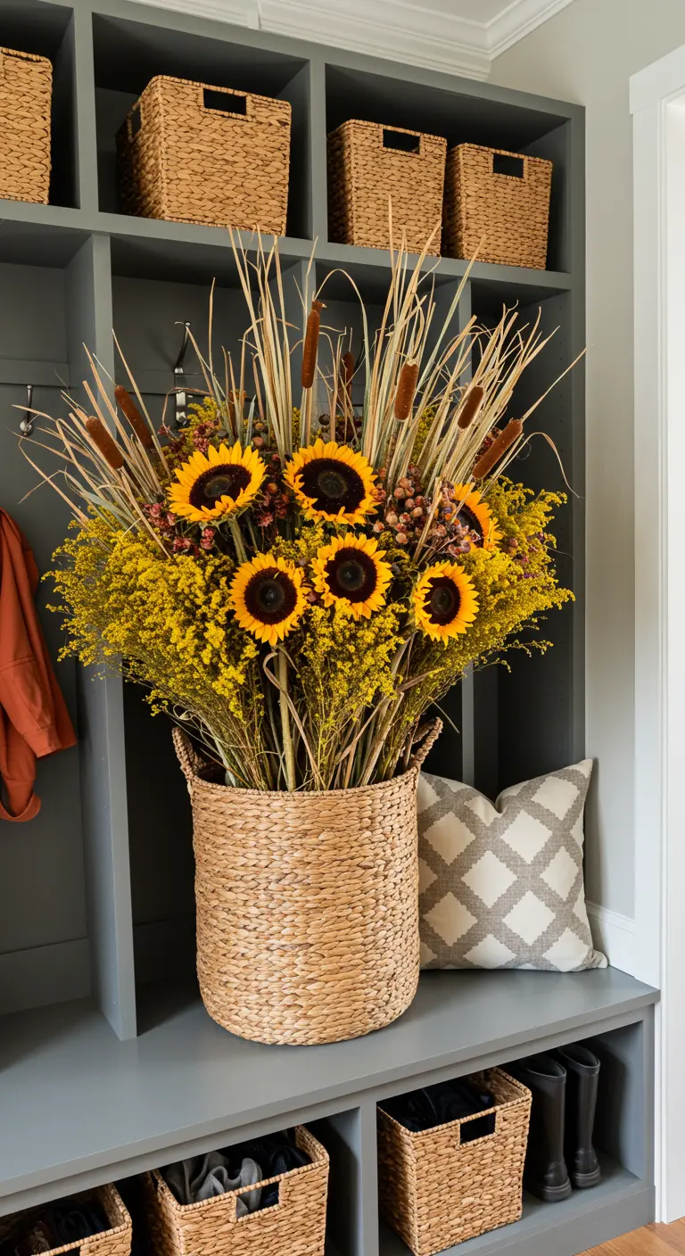 Grand panier tressé rempli d'un bouquet de tournesols séchés et de quenouilles dans une entrée.