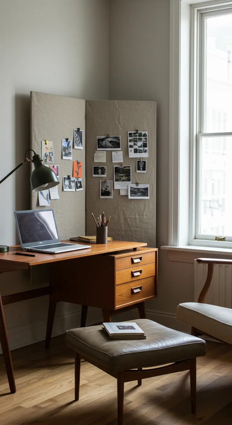 Coin bureau vintage avec un paravent en tissu servant de moodboard.