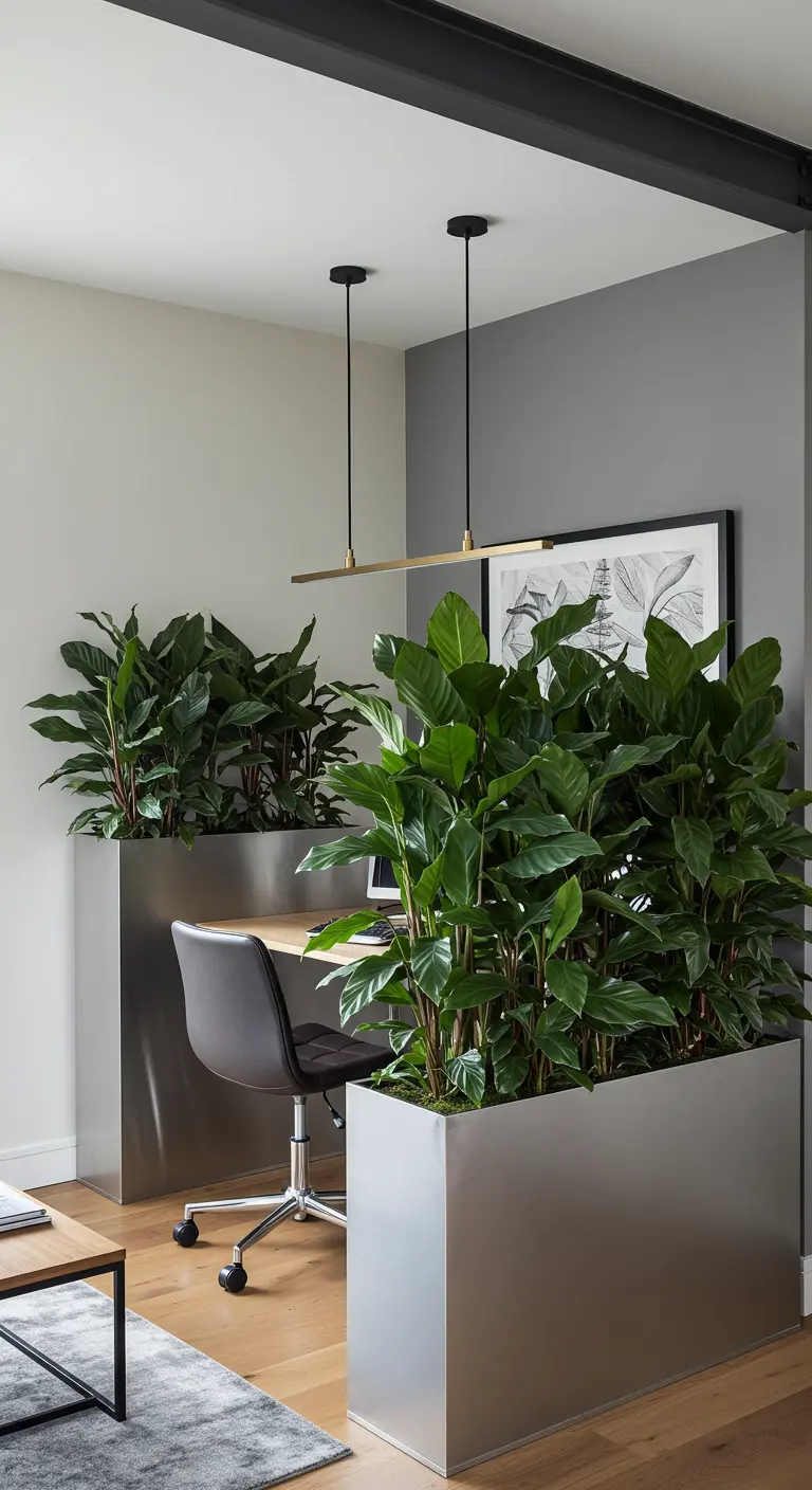 Jardinières en métal agissant comme séparateur de pièce pour un bureau à domicile.
