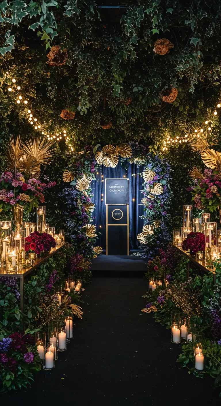 Entrée de fête luxuriante décorée de fleurs, de feuillage doré et de nombreuses bougies.