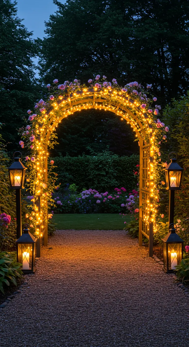 Une arche de jardin en bois recouverte de roses et de guirlandes lumineuses, encadrée par des lanternes.