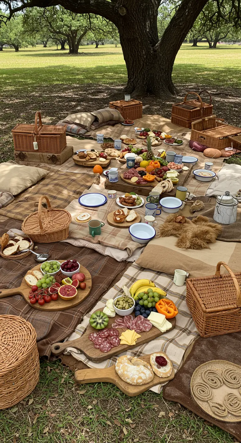 Grand pique-nique avec un patchwork de plaids et de nombreux paniers.