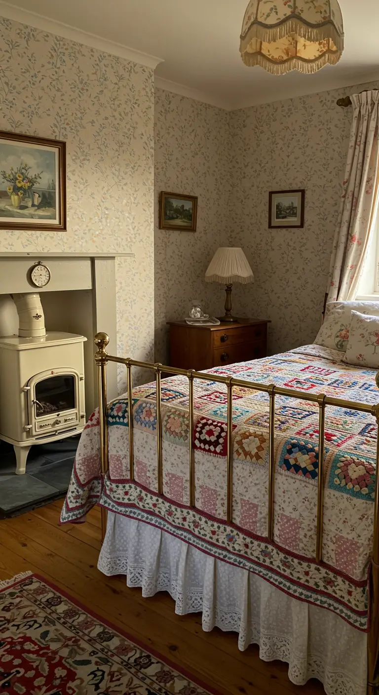 Chambre de campagne avec lit en laiton, courtepointe en patchwork et petit poêle.