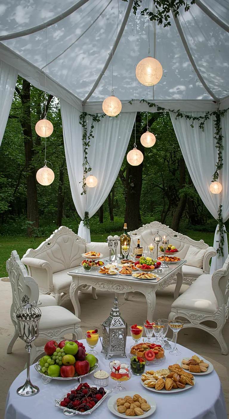Salon de jardin élégant sous un pavillon blanc drapé dans un parc verdoyant.