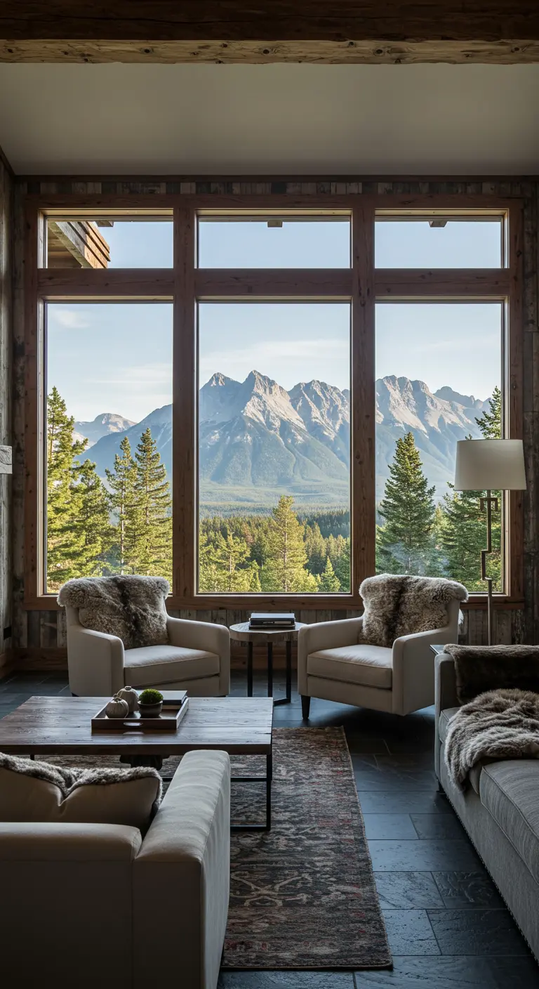 Salon avec grandes baies vitrées donnant sur une chaîne de montagnes.
