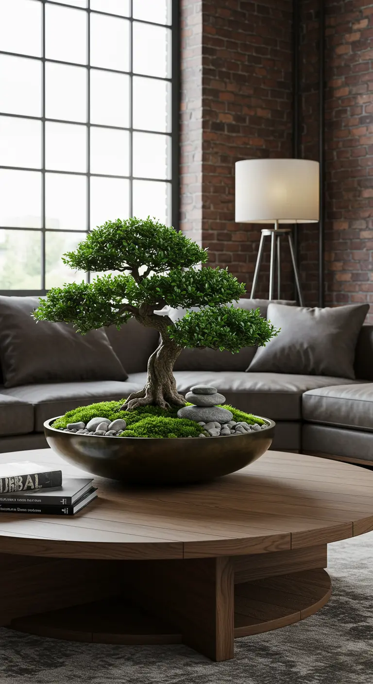 Un bonsaï dans une grande coupe en métal posée sur une table basse en bois.