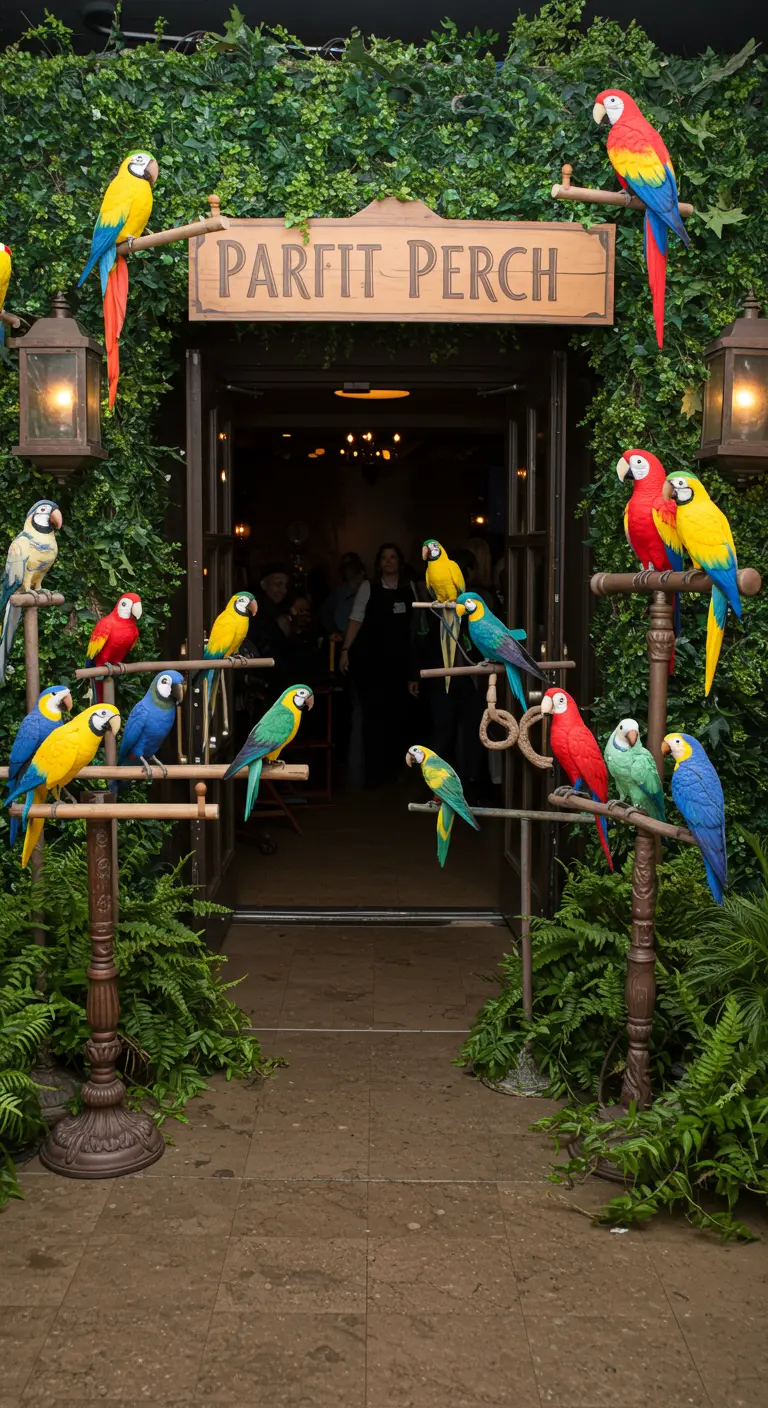 Entrée luxuriante décorée de feuillage et de faux perroquets colorés sur des perchoirs.