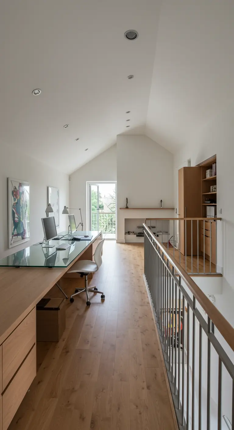 Bureau lumineux installé sur une mezzanine avec un plan de travail en bois et verre.