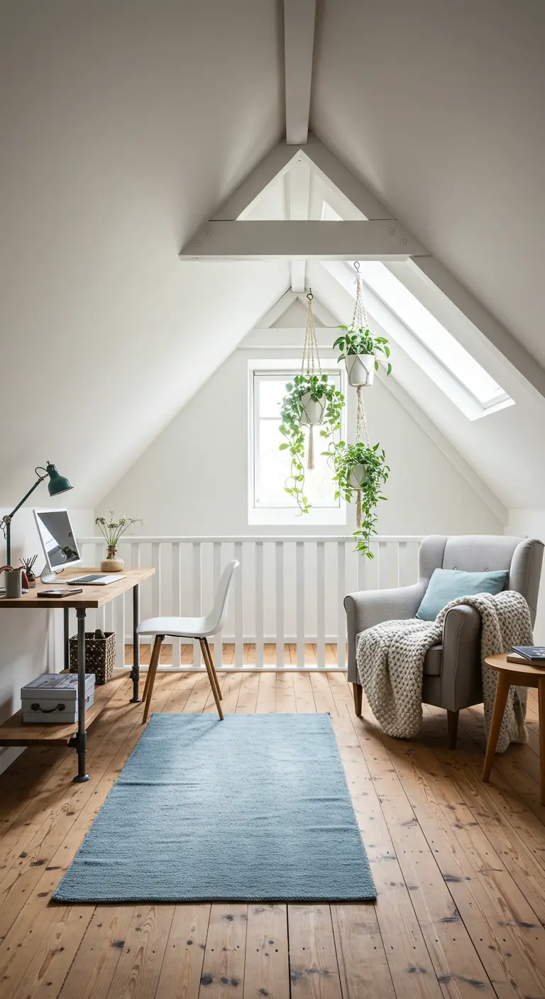 Bureau aménagé sous les combles avec poutres blanches et plantes suspendues.