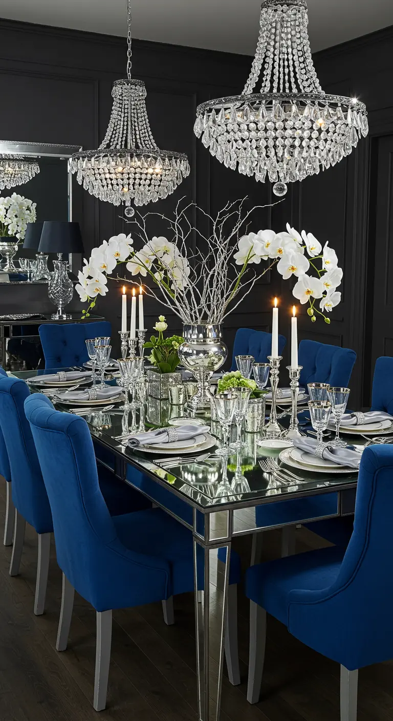 Salle à manger glamour avec table miroir, chaises en velours bleu et deux grands chandeliers en cristal.
