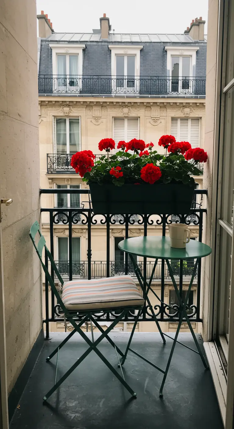 Chaise et table de bistrot vertes sur un balcon parisien avec des géraniums.