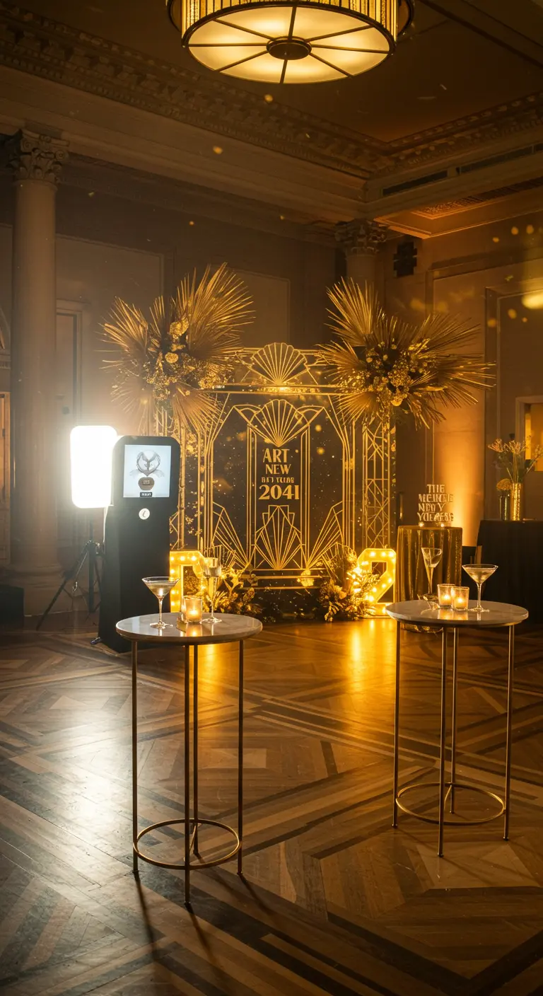 Photobooth Art Déco avec des motifs géométriques dorés et des éclairages de studio.