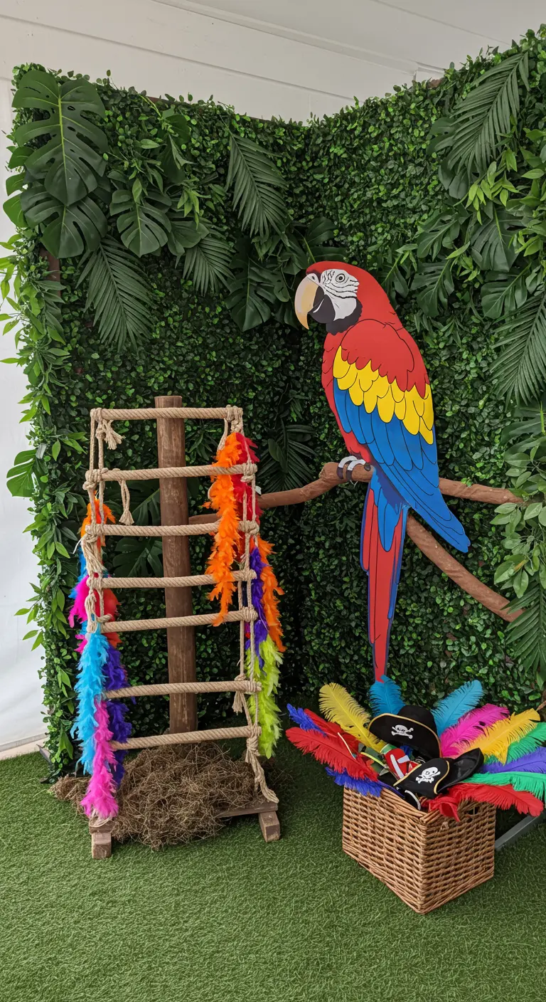 Coin photobooth avec un mur de verdure et un grand perroquet en carton