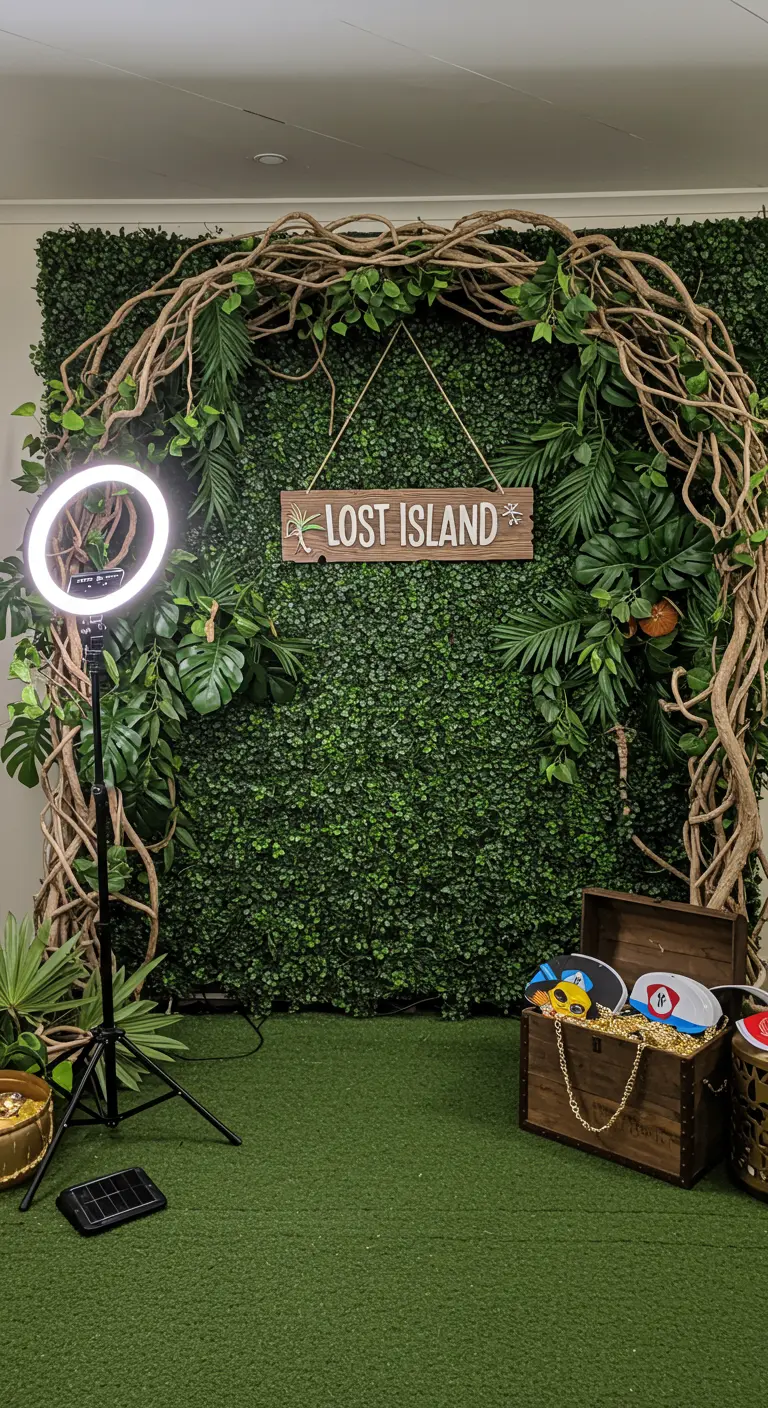 Photobooth avec un mur végétal, une arche de lianes et un panneau 