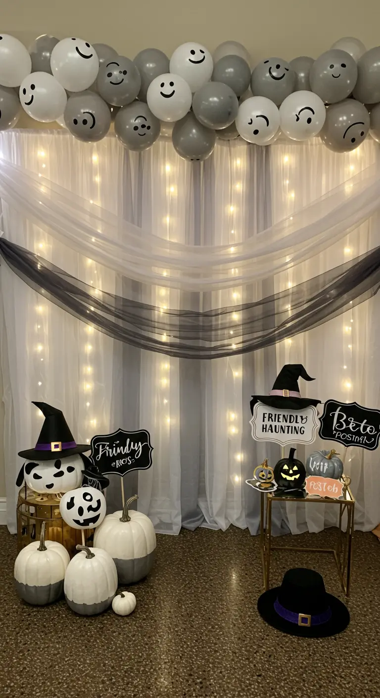 Coin photobooth pour Halloween avec des ballons fantômes et des guirlandes lumineuses.