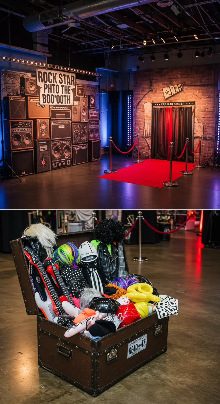 Photobooth avec un mur d'amplis et une malle d'accessoires rock.