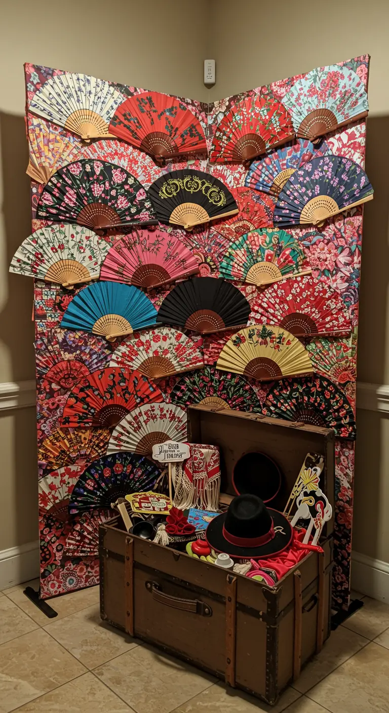 Coin photobooth avec un mur d'éventails, une malle et des accessoires de fête.