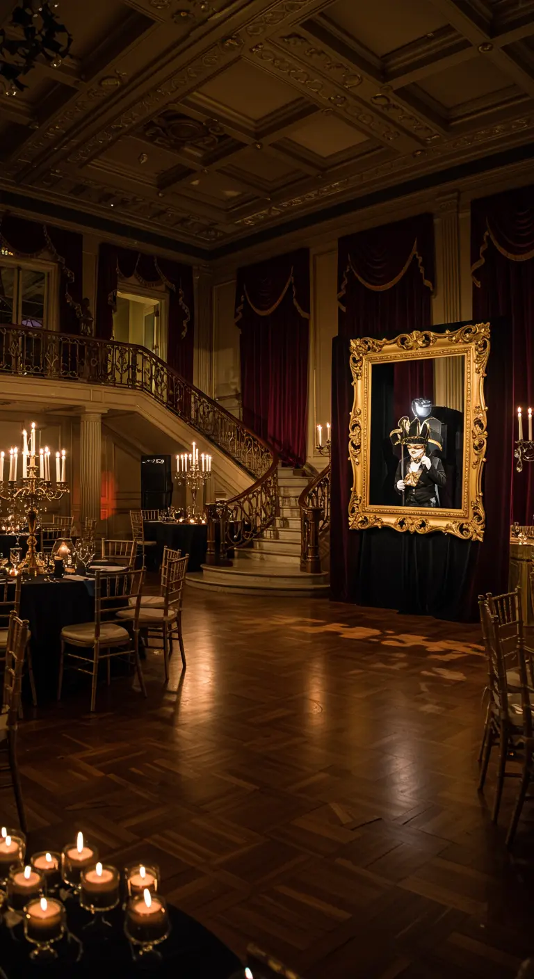 Décor de salle de bal avec un grand cadre doré servant de photobooth original.