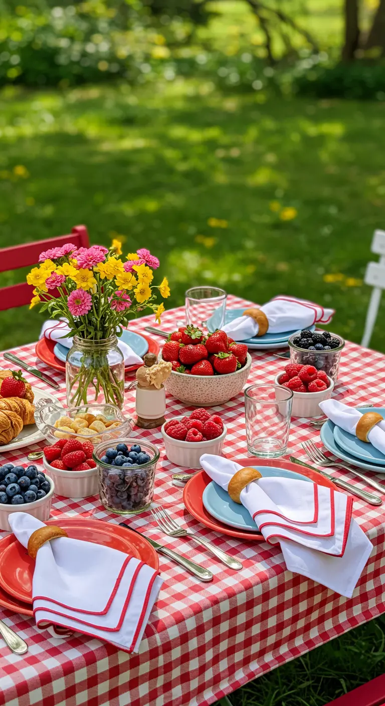 Table de pique-nique avec une nappe à carreaux rouges et blancs, et des bols de fruits rouges.