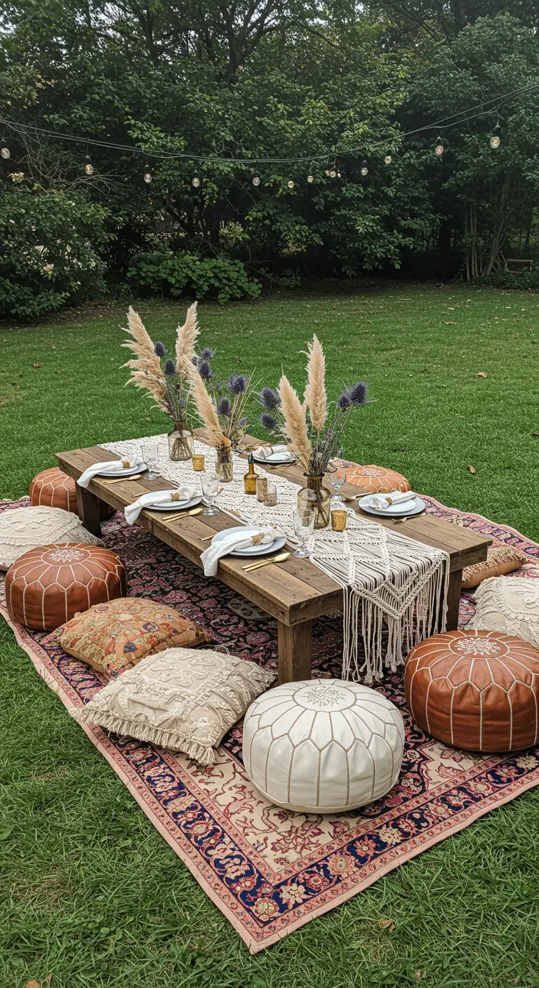 Table basse en bois pour un pique-nique au sol, sur un tapis oriental avec des poufs en cuir.