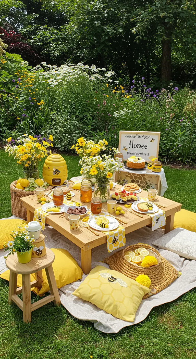 Pique-nique d'anniversaire thème abeille dans un jardin, avec décorations jaunes et miel.