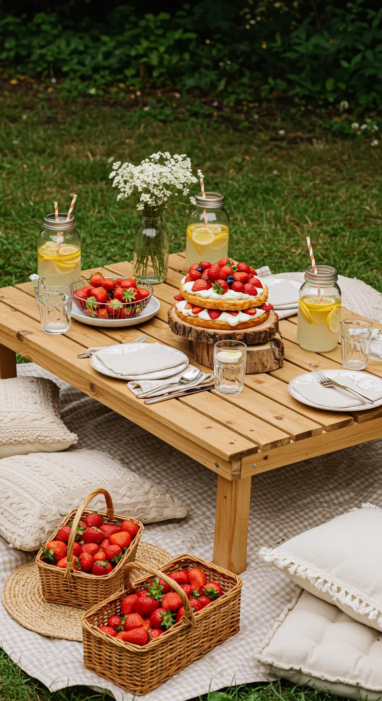 Pique-nique chic dans l'herbe avec un gâteau aux fraises.