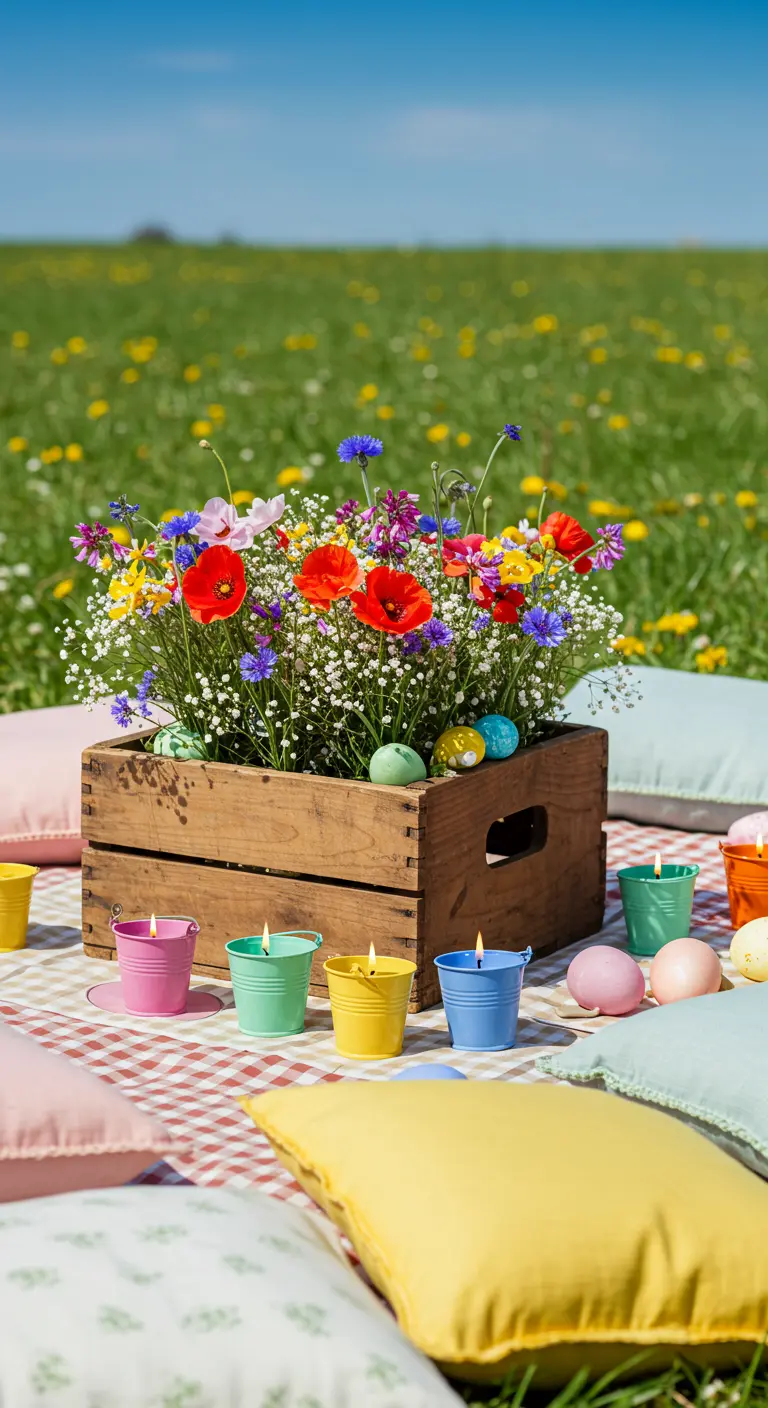 Caisse en bois remplie de fleurs sauvages colorées, bougies en seaux pastel pour un pique-nique de Pâques.