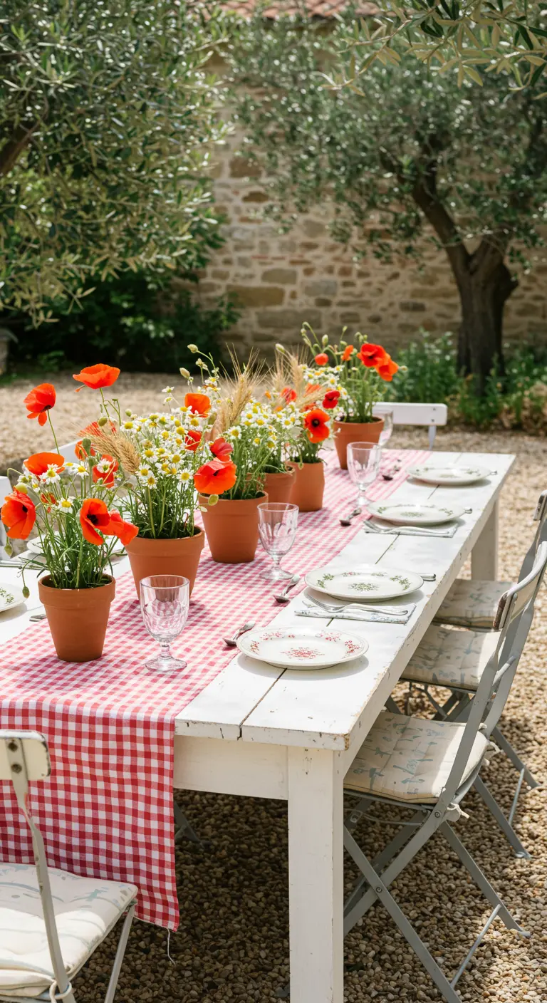 Table avec nappe à carreaux rouges et coquelicots en pots de terre cuite.