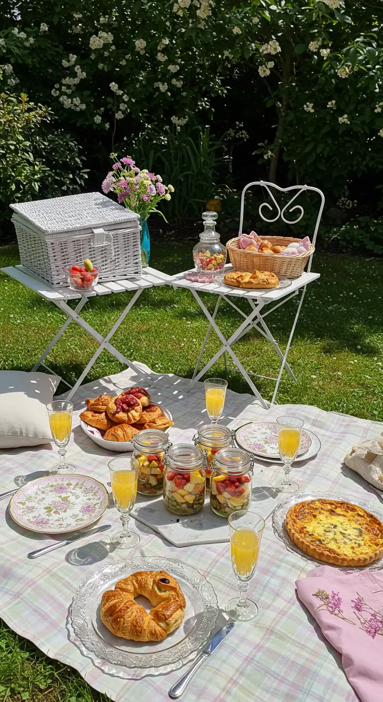 Pique-nique de jardin avec une petite table blanche pour poser le panier et la nourriture.