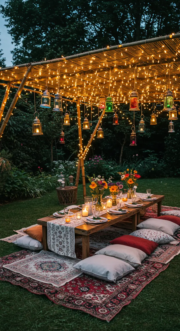 Table de pique-nique basse sur l'herbe sous un toit de bambou couvert de guirlandes et de lanternes colorées.