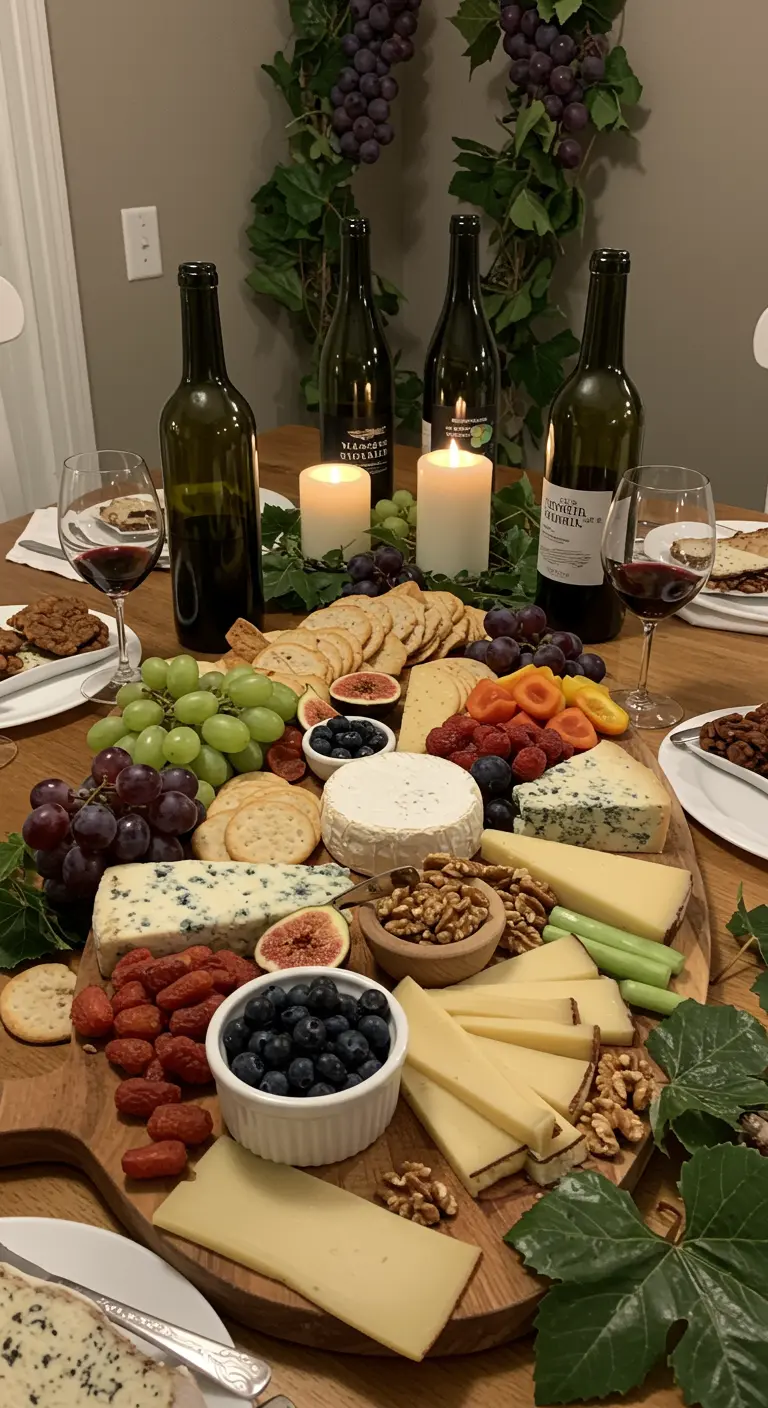 Grand plateau de fromages et de fruits décoré avec des feuilles de vigne fraîches.